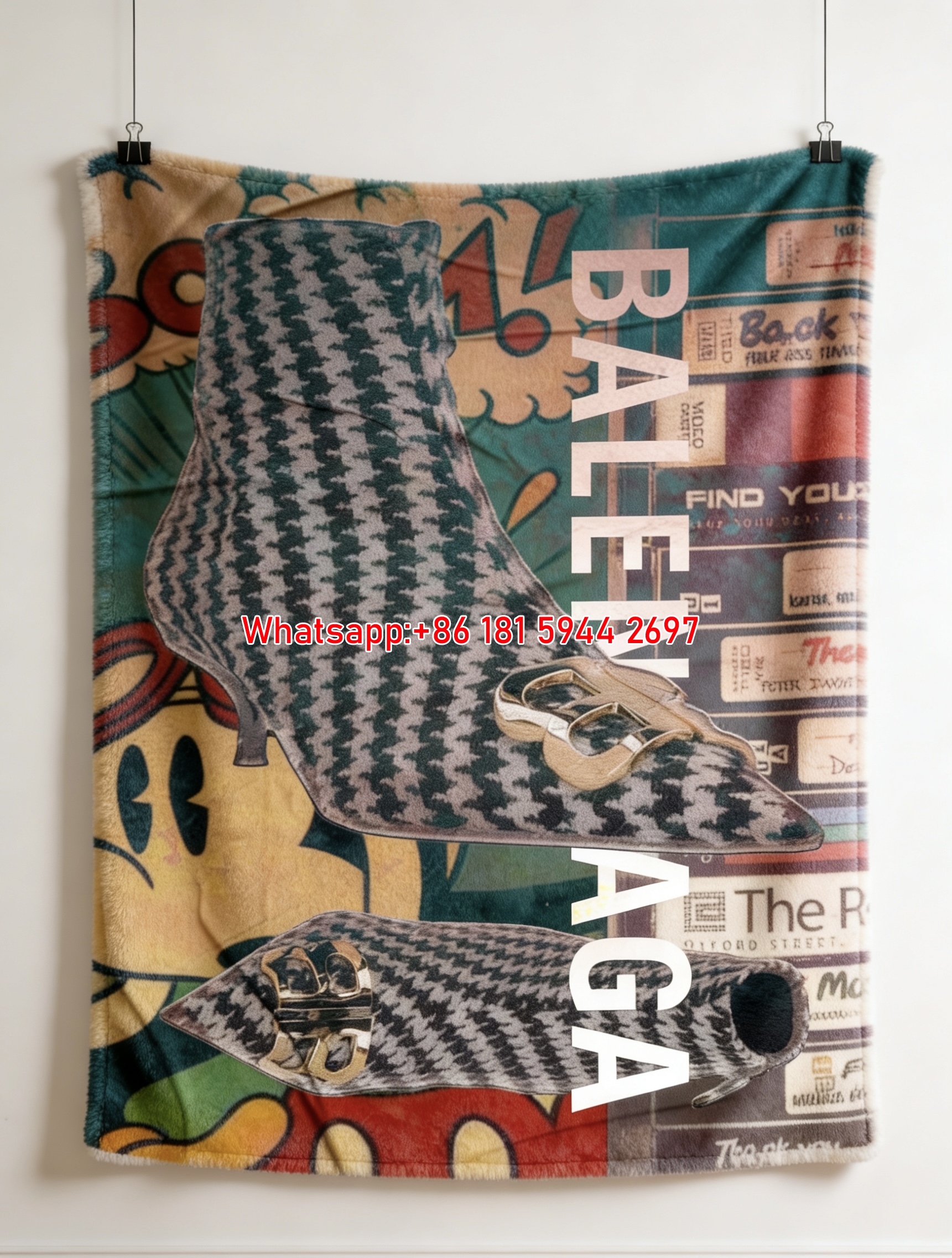 Balenciaga Houndstooth Boot Retro Comic Flannel Sofa Throw Blanket BA169
